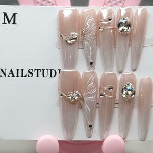 Elegant Nude Press-On Nails with Rhinestones